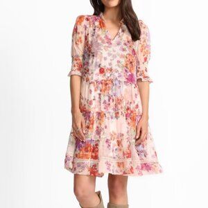 Johnny Was Silk Chiffon Tiered Mini Dress Autumn Leaves NWT XXL